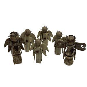 Handcrafted Wooden Angel Brown Figurines Set Of 6 Piece Rustic Finish Halos 4"
